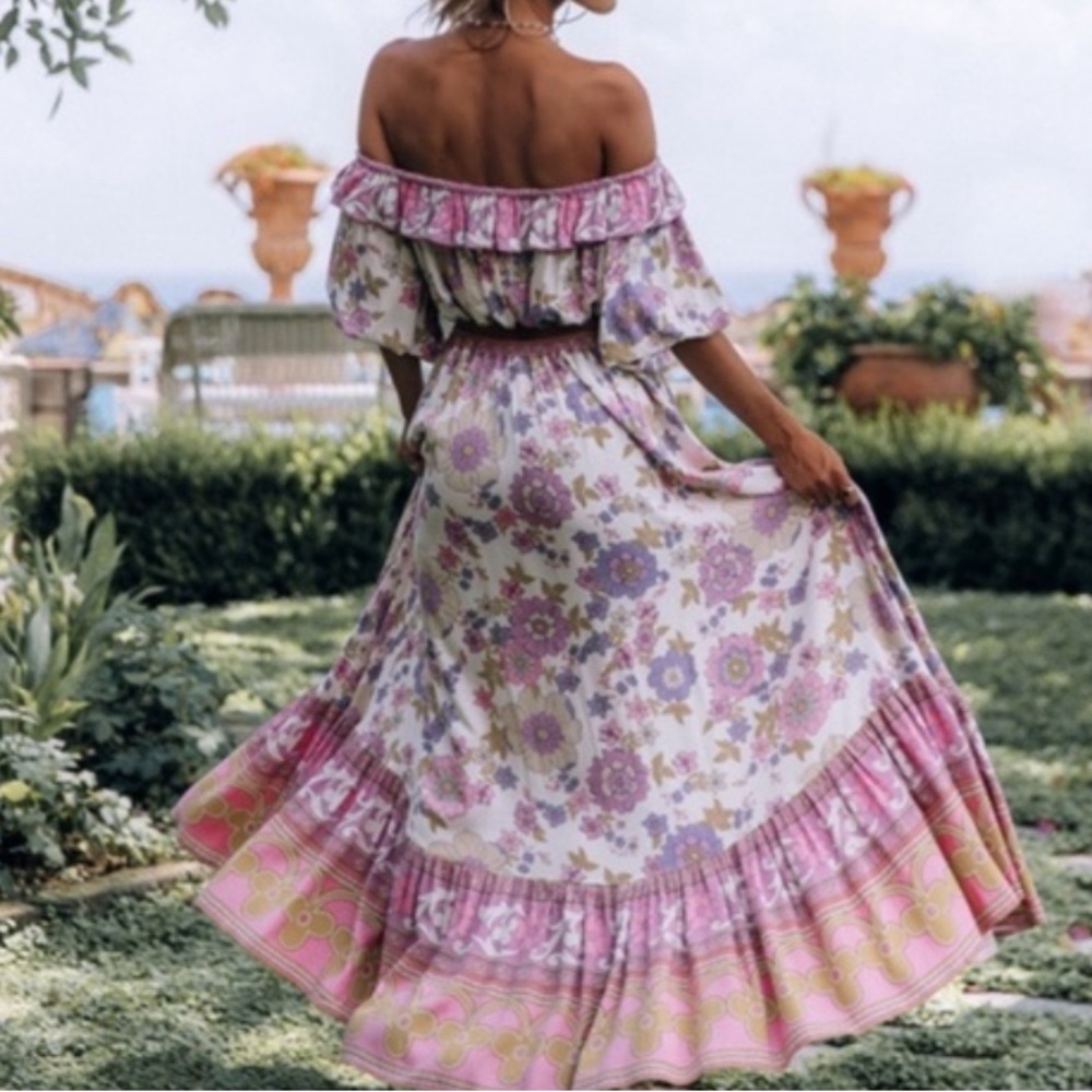 Waverly Boho Pink Floral Print Off Shoulder Crop top Maxi Skirt Set - Picture 1 of 16